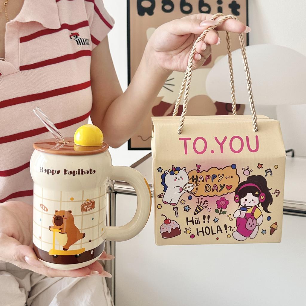 Cute Ceramic Mug with Lid Straw Cup Couple Home Cup Practical Birthday Gift for Girls