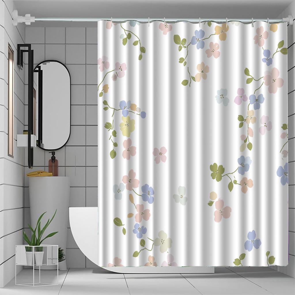 Floral Pattern Shower Curtain - Polyester Woven, Machine Washable, Includes 12 Hooks, All-Season Home Decor, Bathroom Partition