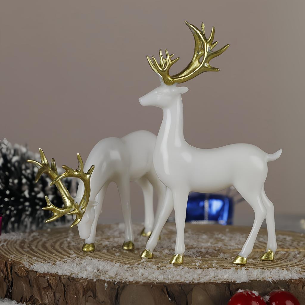 Two-piece set of white Christmas reindeer statue ornaments with golden antlers and horn decorations, suitable for Christmas, Valentine's Day,