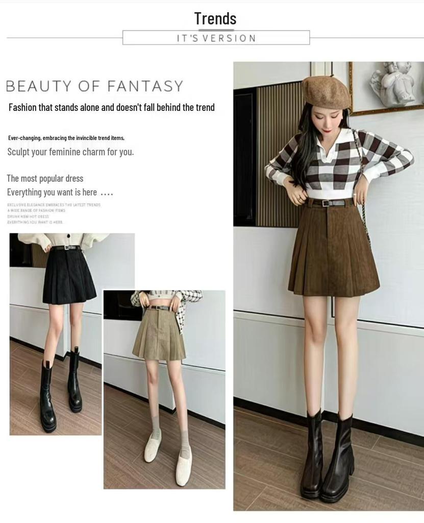 Corduroy Pleated High-Waisted Bodycon Mini Skirt - 2025 Autumn/Winter Collection