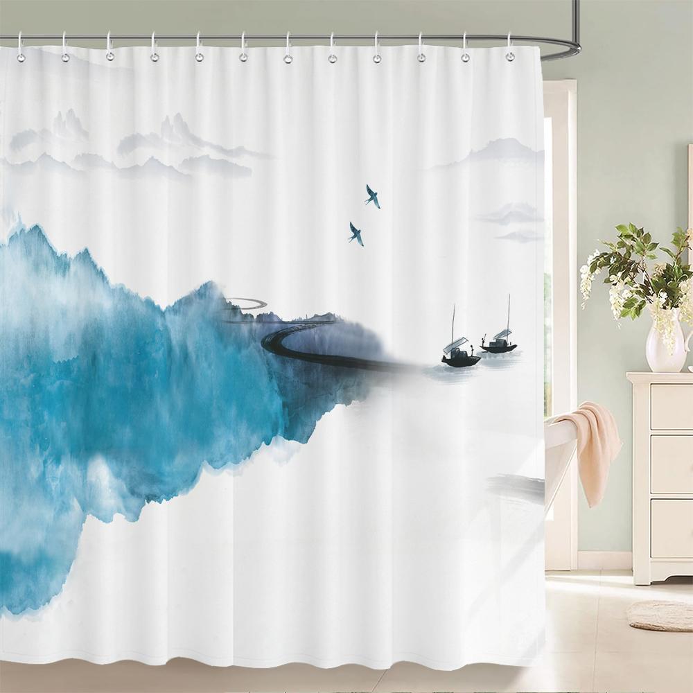 Chinese Ink Painting Landscape Bath Curtain Waterproof Shower Curtains Marble Pattern Bath Screen Printed Curtain For Bathroom