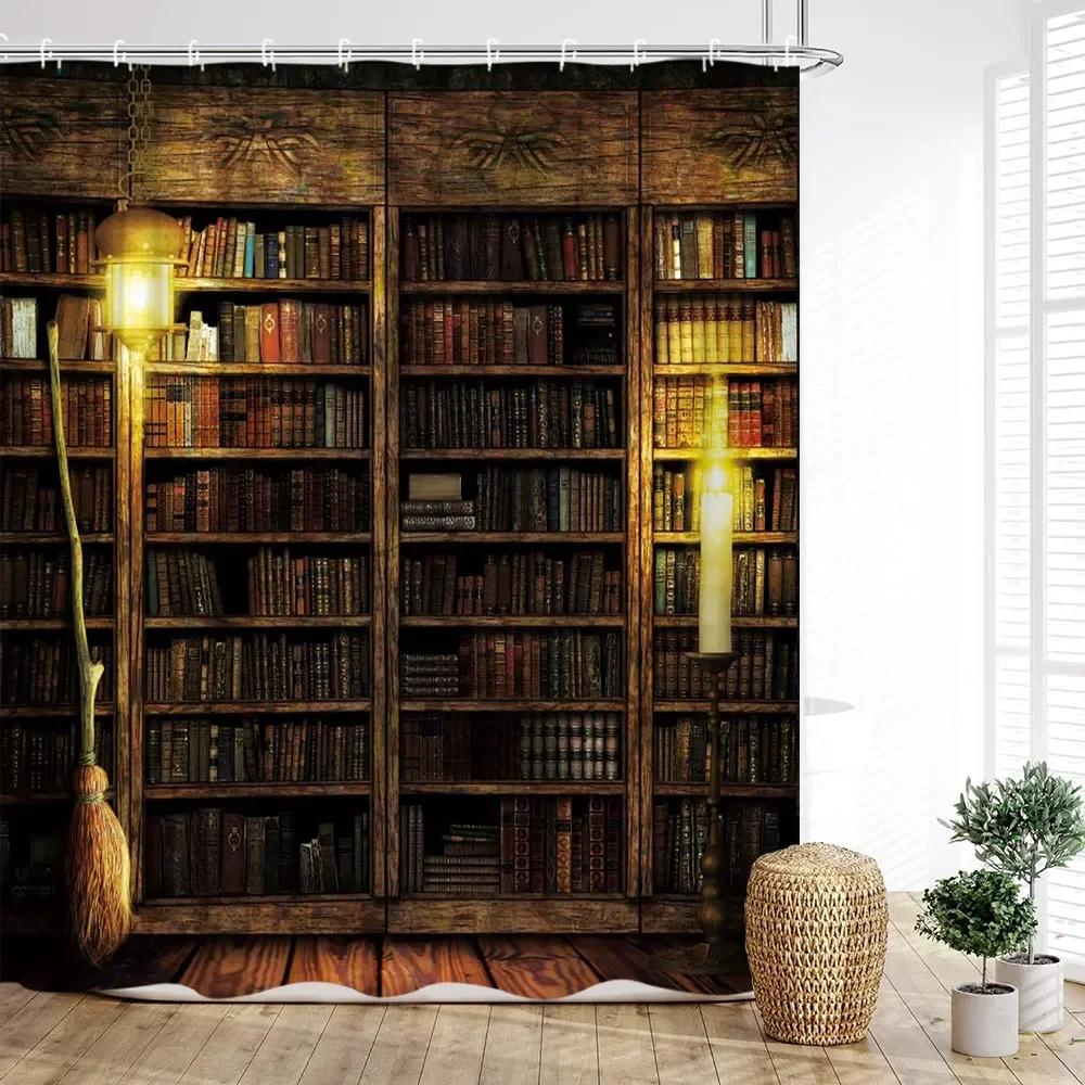 Vintage Bookshelf Shower Curtain, Magic Books Old Bookshelf Candles Ancient Attic Print Home Bathroom Decor With Hooks