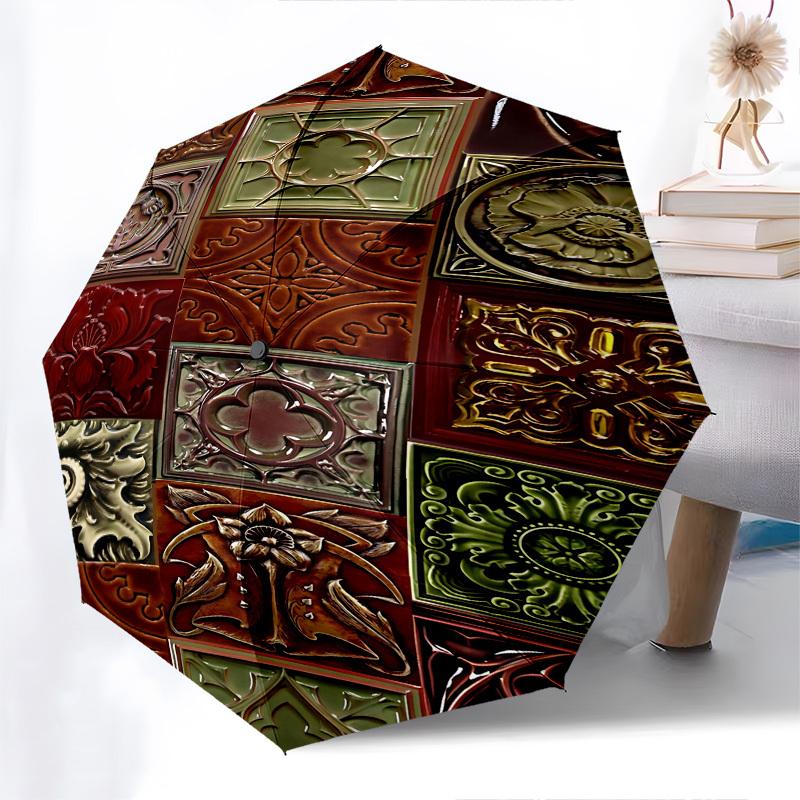 Decorative Tiles Art Nouveau Patterns Themed Automatic Opening and Closing Umbrella, Brightly Colored 8 rib Portable Umbrella, Suitable for