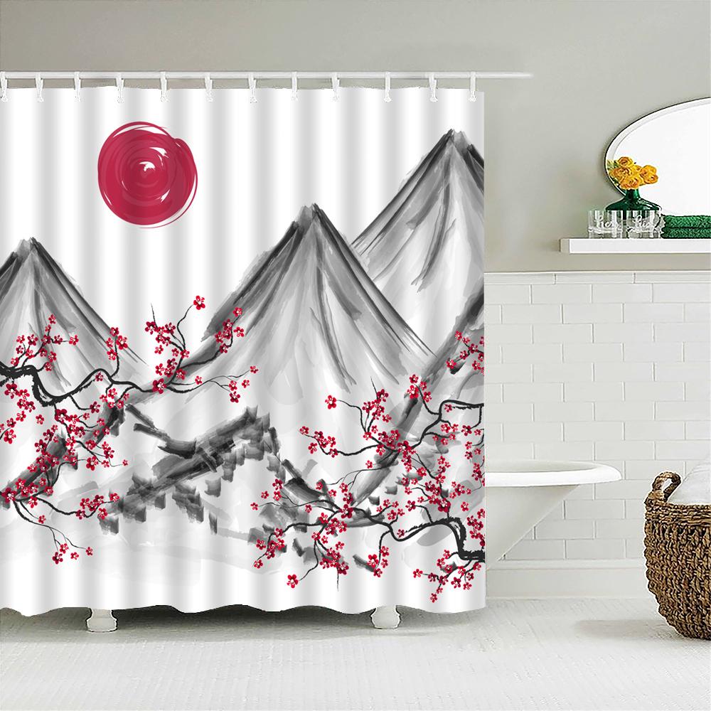 Waterproof Polyester Fabric Shower Curtain Japanese-style Waves Samurai Landscape 3d Printing Bathroom Decor Shower Curtains