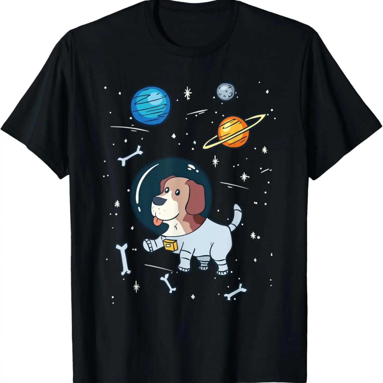 Funny Astronaut Dog In Space T-Shirt Universe Planets Gift T-Shirt S чёрный
