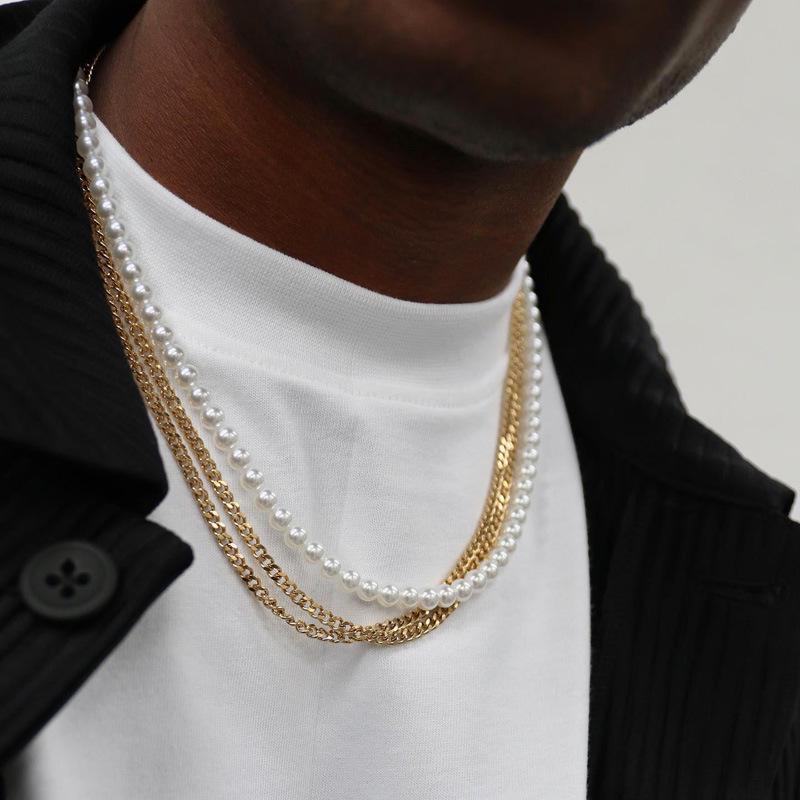 Men's Single Layer Pearl Necklace - Round Beaded Stainless Steel Clavicle Chain