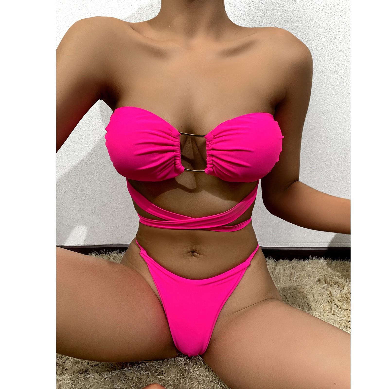 

(SU)Женский сексуальный яркий однотонный металлический купальник без рукавов с завязками