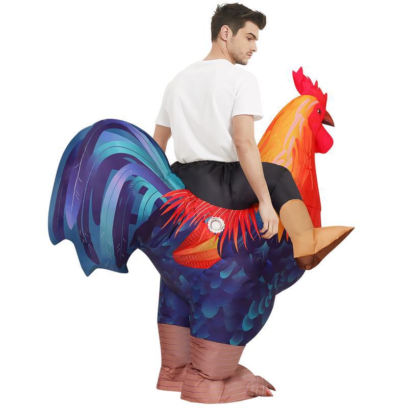 Sapphire blue and colorful rooster inflatable costume for adults.