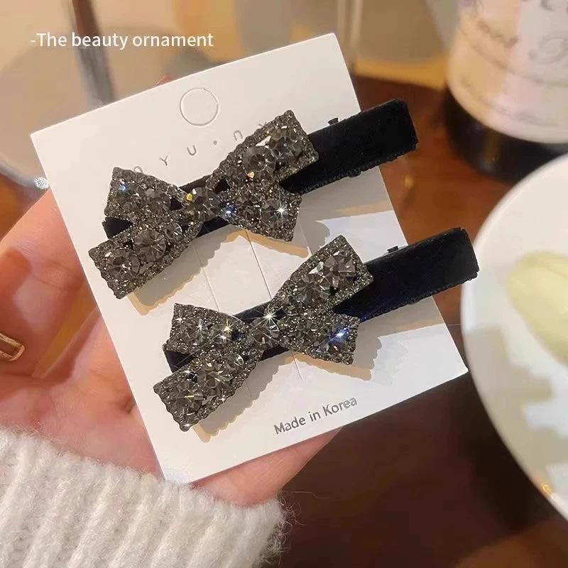 Simple bow rhinestone duck bill clip black velvet bangs clip forehead broken hairpin side clip hairpin hair jewelry