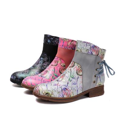 Stivaletti alla caviglia stampati patchwork in vera pelle da donna, scarpe in stile etnico, fatti a mano, con punta tonda, stivali corti