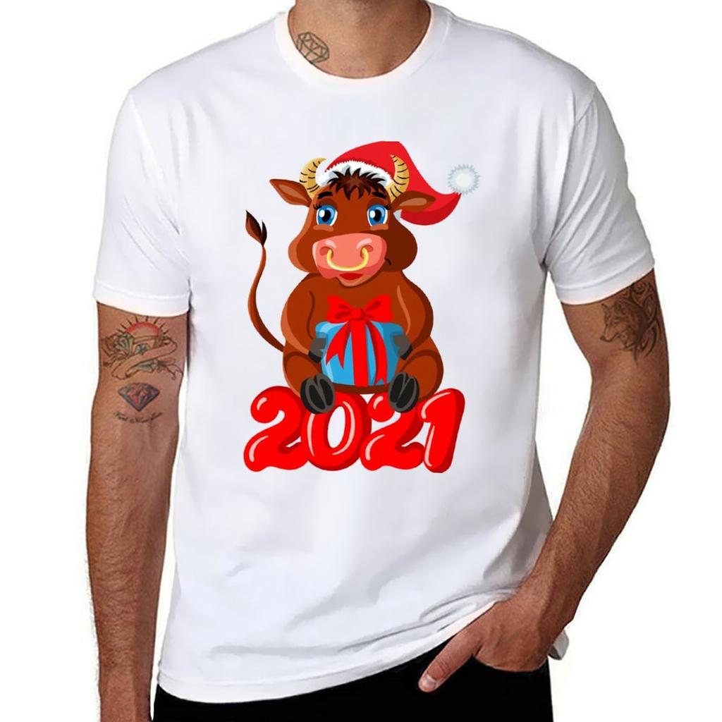 New Year 2021 Cute Bull With A Gift Tshirt Trendy Print Short Sleeve Tshirt