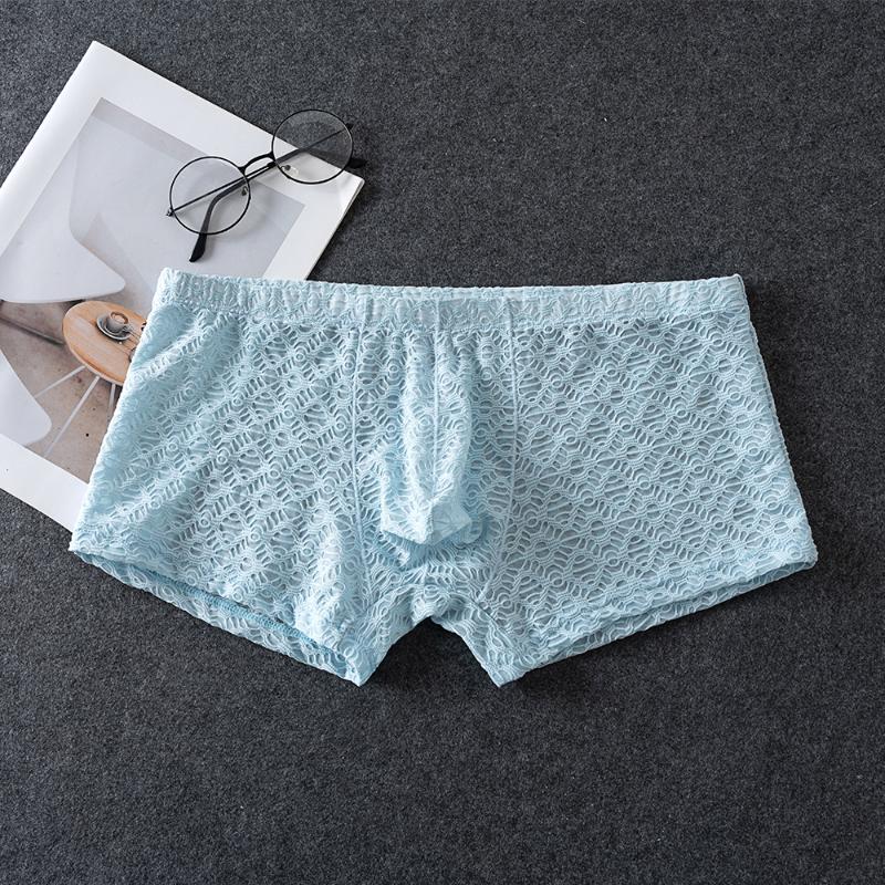 Men'S Underwear Ultra-Thin Lace See Through Lingerie Low-Rise Youth Boxers Sissy Pouch Panties Transparent Bikini Slip Homme
