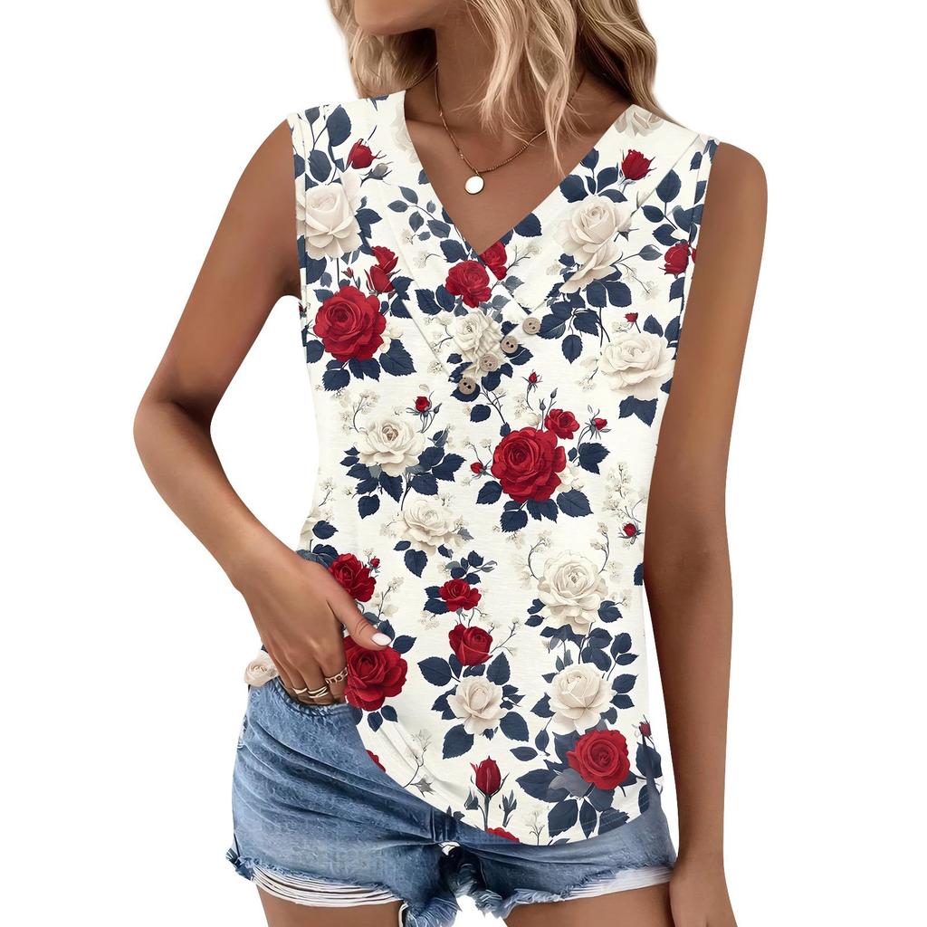Women's Print Tank Top Button-down V-neck T-shirt Sleeveless Loose Fashion Top