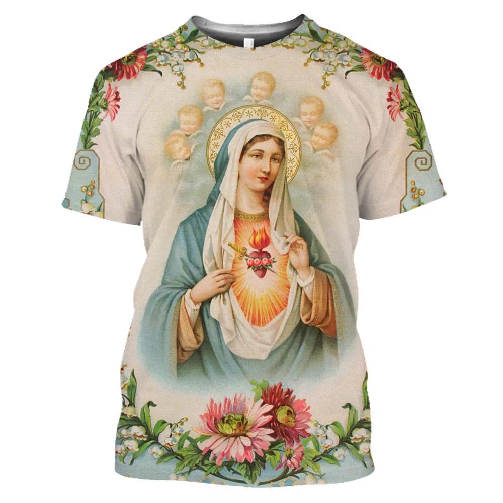 Summer Catholic Polyester O-collar Loose Short Sleeve Oversized Comfortable Top Men's 3d Printed T-shirt Virgin Mary Guadalupe