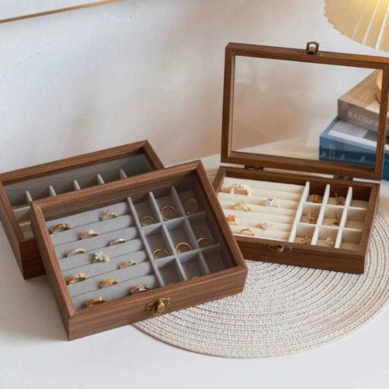 Vintage Jewelry Wood Storage Box Velvet Glass Lid Jewelry Organizer Case Dust-Proof Bracelet Ring Earring Display Holder