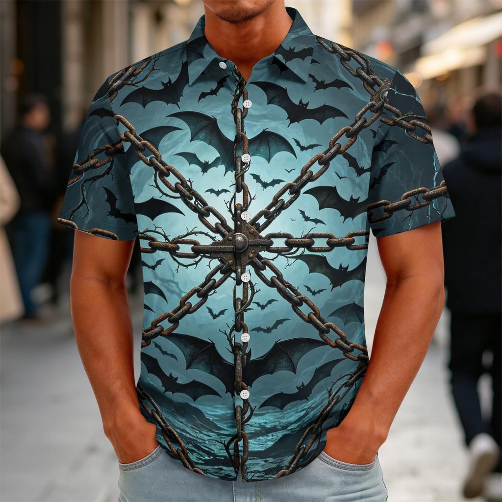 Men's Halloween Print Vintage Button Down Cardigan Shirt - Loose Fit Breathable Summer Casual Streetwear Top