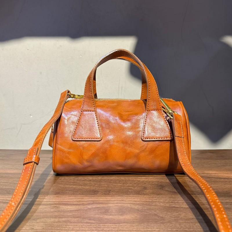 Full Tree Cream Vegetable Tanned Top Layer Cowhide Boston Bag Women's Genuine Leather Retro Handbag Texture Crossbody