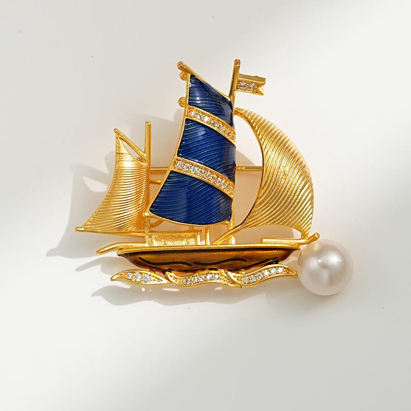 Bo Xin Yun Smooth Sailing Sailboat Freshwater Pearl Brooch - British Retro Style Corsage Accessory