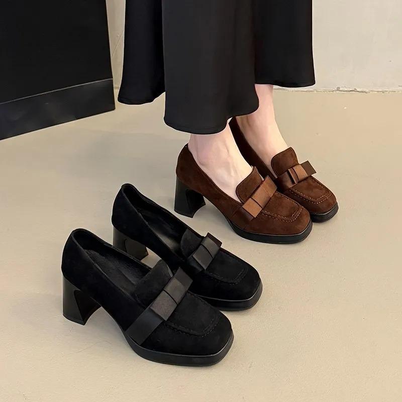 Fashion French retro fashion bow waterproof platform high heels women's shoes 2025 new square head thick heel thick sole single shoes