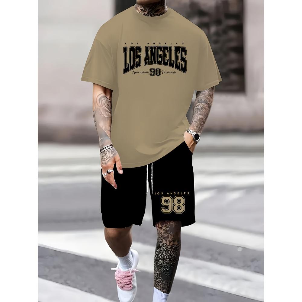 Men's Two-piece Summer Set, Printed with Numbers and Letters, Perfect for Casual and Sports Occasions, with Comfortable and Soft Fabric
