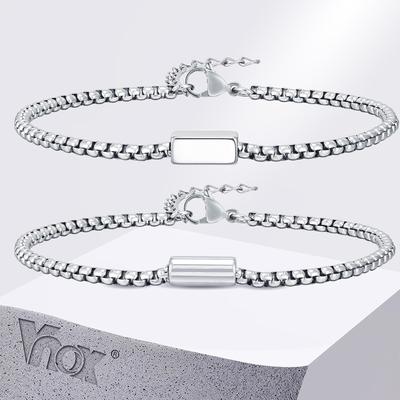 Vnox Geometric Square Round Tube Charm Bracelets for Men Boys, Unisex Box Link Chain Bracelet, Waterproof Simple Metal Jewelry