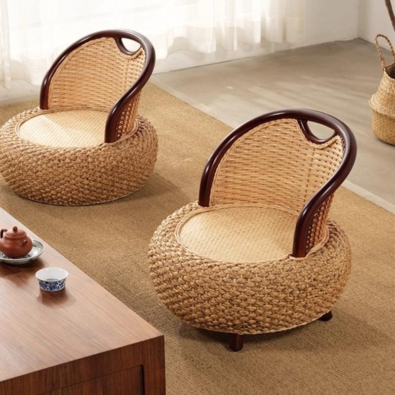 Rattan Weave round Accent Chair Comfort Floor Seat with Backrest Cozy Pouf Ottoman for Balcony Living Room