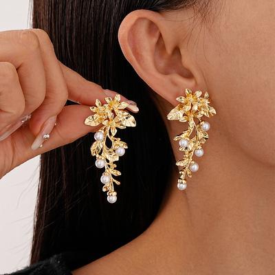 Imitation Pearl Flower Leaf Tassel Silver Needle Earrings Elegant Super Fairy Earrings