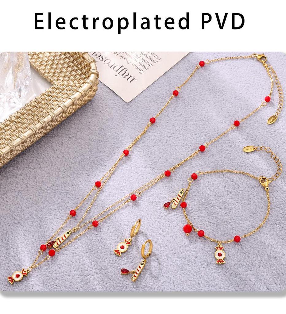 Qiong Yao Double Layer Garnet Jewelry Set: Necklace, Bracelet, Asymmetrical Earrings