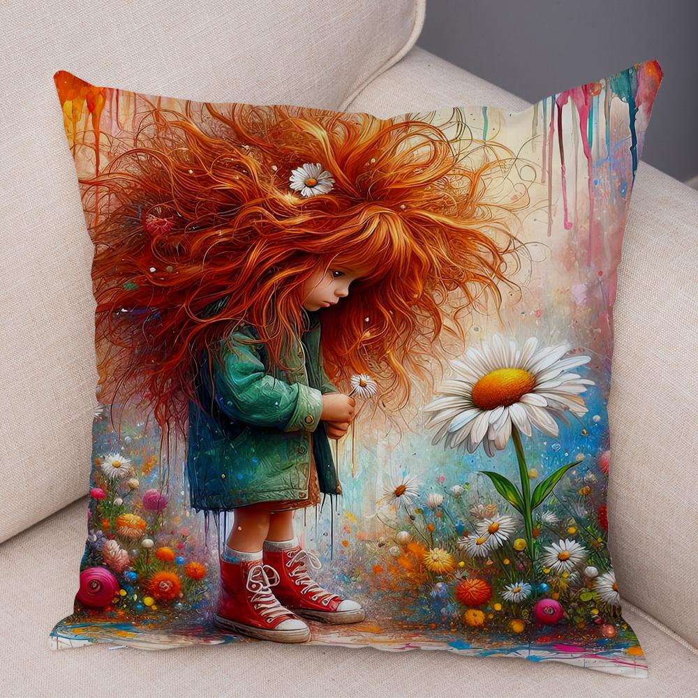 Double Print Cute Cartoon Explosive Hairstyle Cushion Cover Pillowcase Decor for Sofa Home  Super Soft Plush Pillow Case