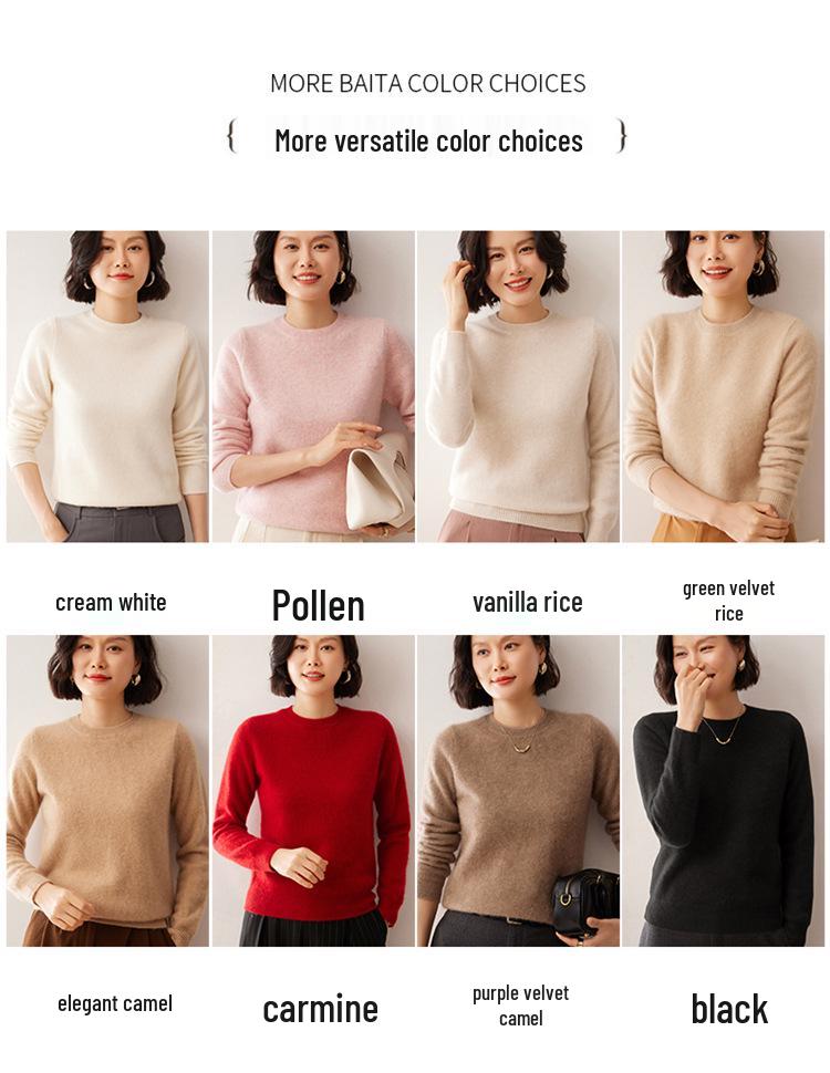 Women's Solid Color Cashmere Knit Sweater: Round Neck, Long Sleeve, Double-Ply Base Layer for Autumn & Winter.