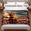 Highland Cow Theme Soft Blanket Personalized Custom Name Text Print Warm Blanket Home Sofa Bedroom Decor