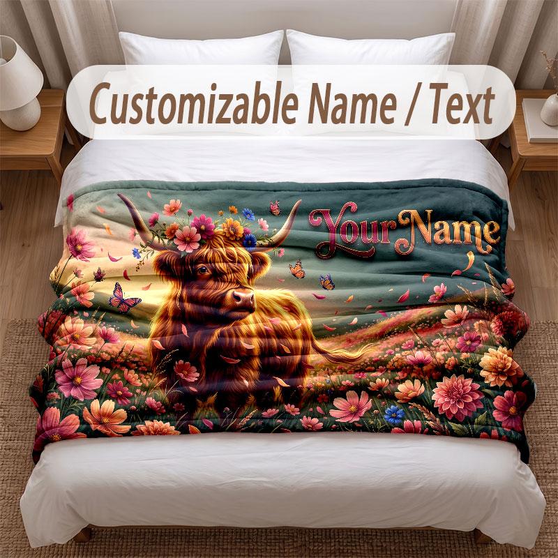 Highland Cow Theme Soft Blanket Personalized Custom Name Text Print Warm Blanket Home Sofa Bedroom Decor