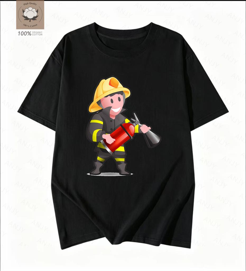 Simple Cartoon Firefighter Printed Tshirt Pays Tribute To The Daily Commuting Short Sleeved Reverse Traveler