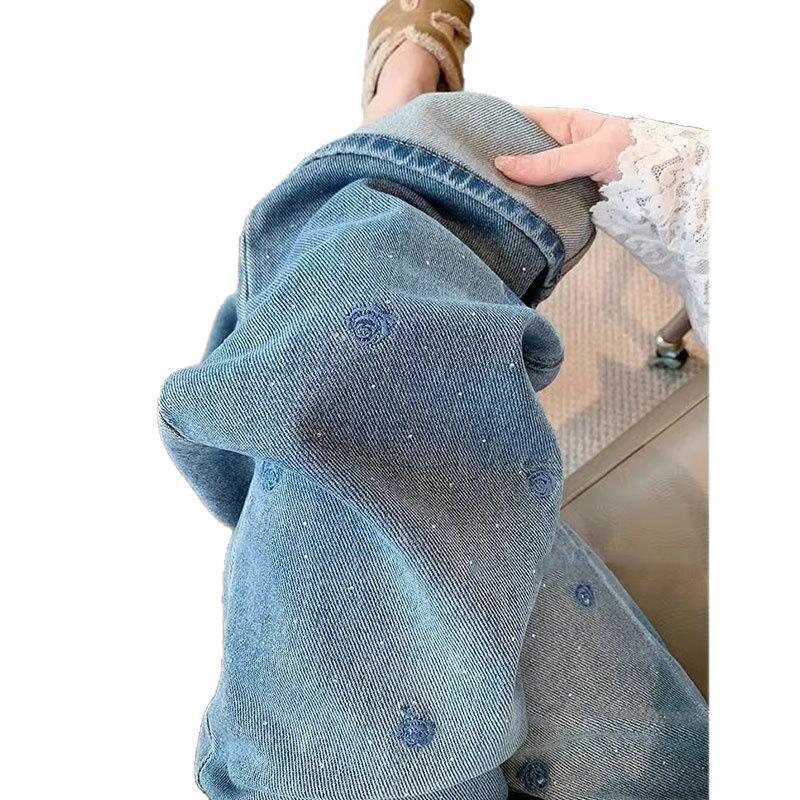 Women's Blue Rhinestone Embroidered Denim Wide-Leg Jeans - Plus Size, High Waist, Slimming, Casual, Versatile, Spring Collection.