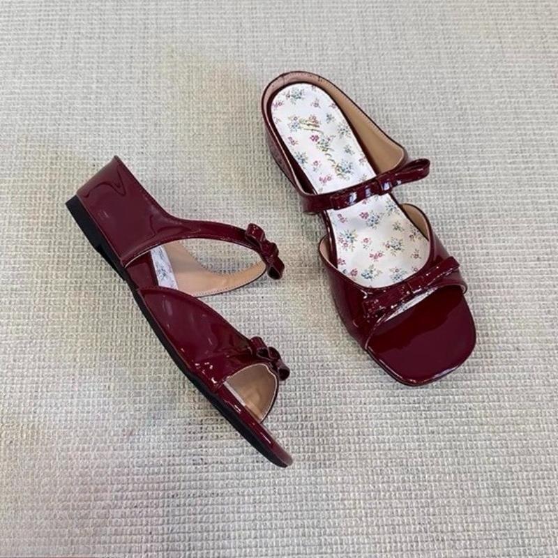 Fashion 2025 New French Wine Red Bow Diamond High-heeled Slippers with Exposed Toes Sandals  Shoes for Women  Slippers