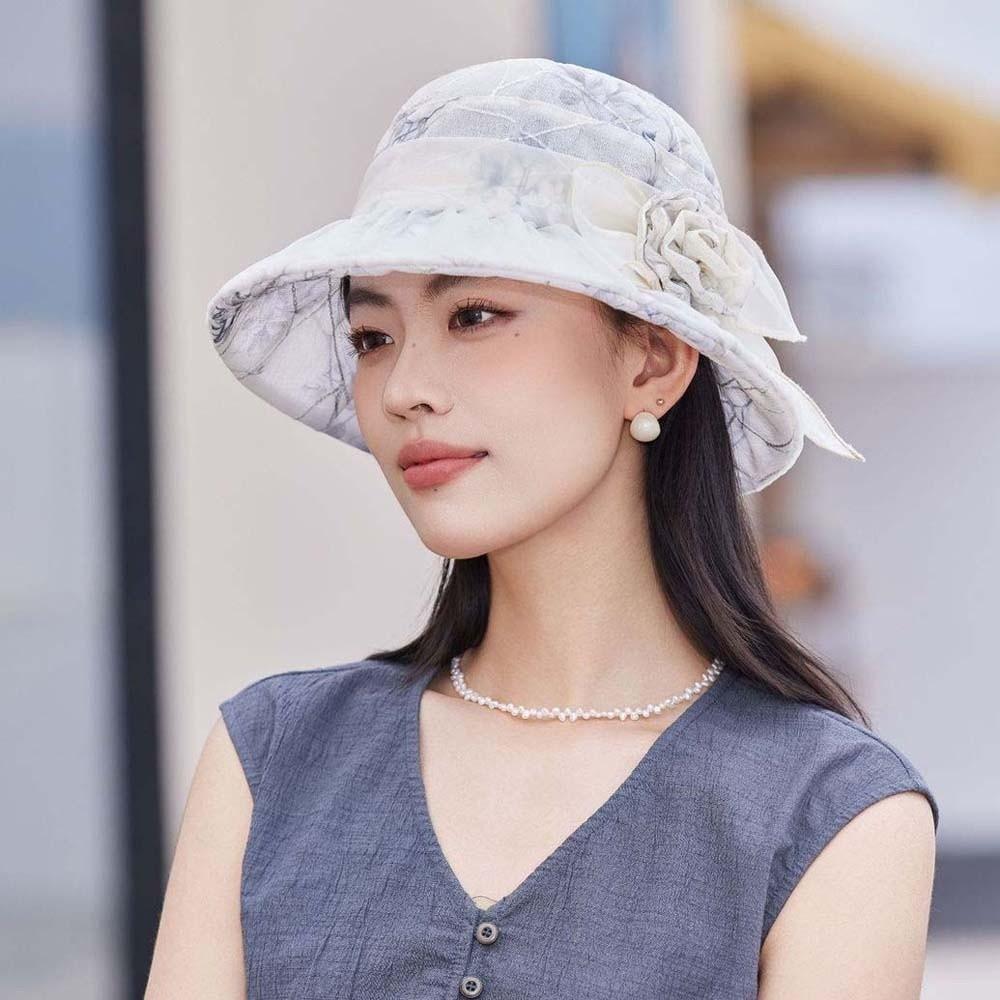 Portable Floral Fisherman Hat Breathable Sunscreen Basin Hat Thin Bow Sunshade Cap Women