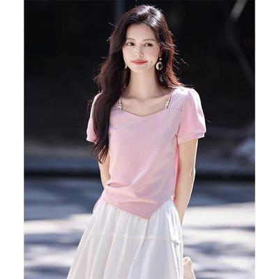 Women's Fake Two-Piece Sweet Design Short Sleeve T-Shirt