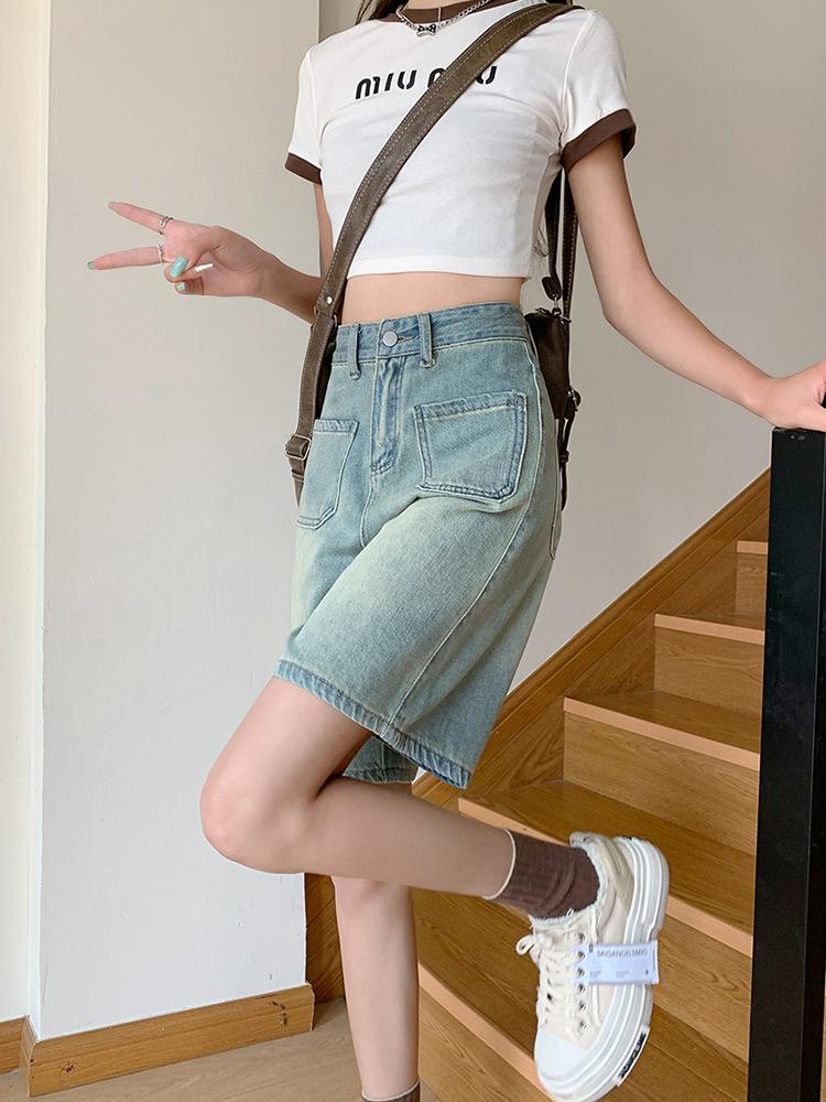 Pantaloncini di Jeans da Donna Retrò Taglia Grande Stile Americano Gamba Larga Capri Vintage Street Estate Femminile Vita Alta Larghi Corti Jeans