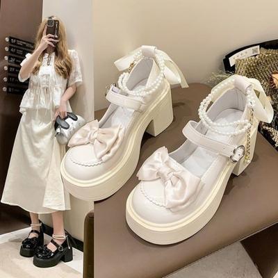 Summer New Round Head Shallow Bow Thick Heel Mary Jane Shoes Fashion Platform One-line High Heels