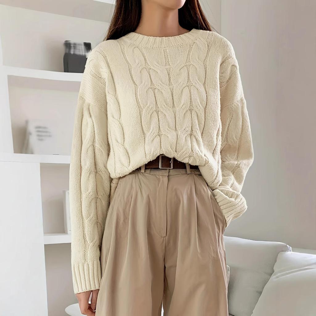Women Fall Winter Twist Knit Top Pullover Sweater Loose Round Neck Solid Color Versatile Fashionable Comfortable Petite