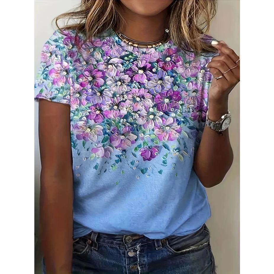 Women'S Vintage Floral Print Short Sleeve T-Shirt - Soft Breathable Fabric, Relaxed Fit Round Neck Casual Top