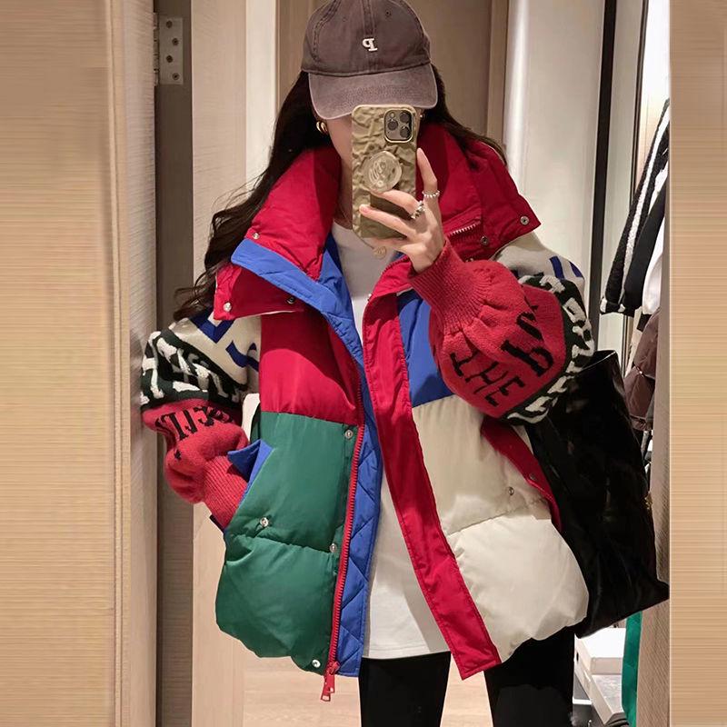 Women's Winter Cotton Coat - Color Block Hooded Jacket with Knitted Sleeves and Letter Design