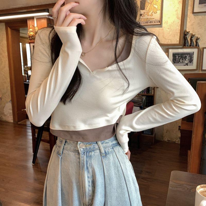 

Fashion Retro Sexy Wind Fake Two-Piece Long Sleeves Bottoming Shirt Autumn and Winter Slimming V-neck Midriff-Baring Jazz Dancing Tops Women Apricot S