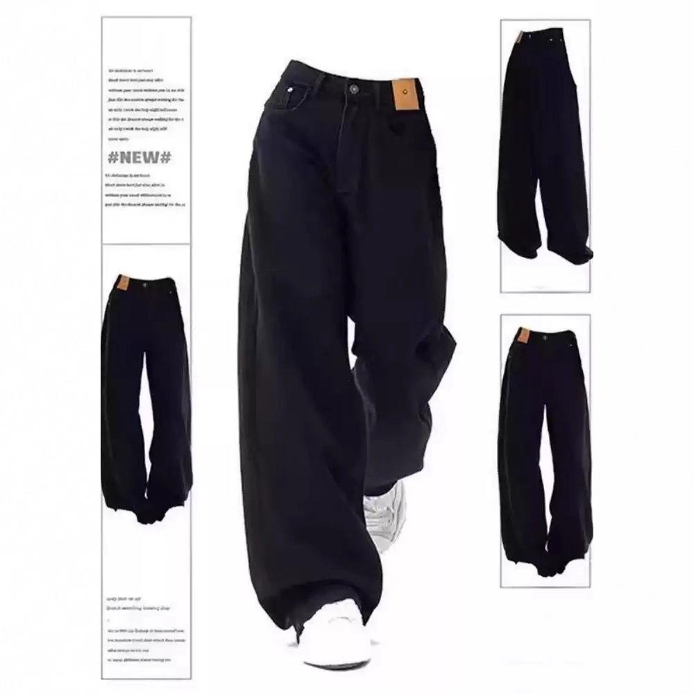 Plus Size Black Fleece-Lined Denim Pants for Women - Autumn/Winter High Waist Wide Leg