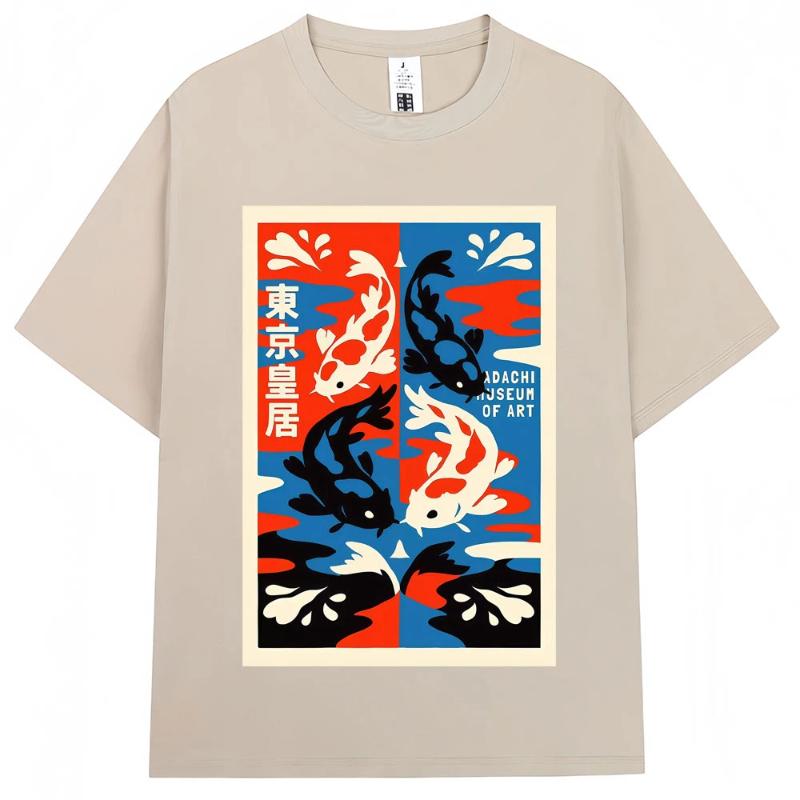 Japanese Style Koi Harajuku Illustration Pattern T Shirt Men Women Vintage Fashion T-shirts Oversized Cotton T-shirt Streetwear