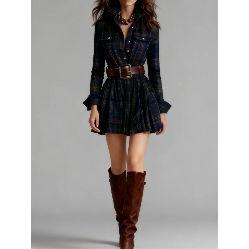 

Women s Vintage Shirt Dress with Pockets, Elegant Plaid Long Sleeve Short Dress for Women XS чёрный