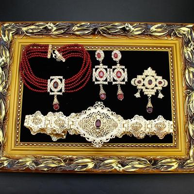 Gold Color Waist Belt Bead Choker Necklace Square Earring Brooch Arabic Bride Jewelry Set For Women