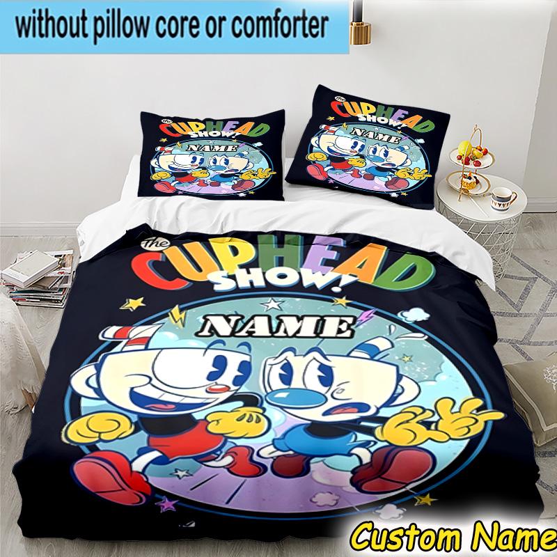 3PCS Custom Name Cup-head Bedding Set Printed Duvet Cover Closure Includes 1 Duvet Cover & 2 Pillowcases for All Seasons Bedroom Decor