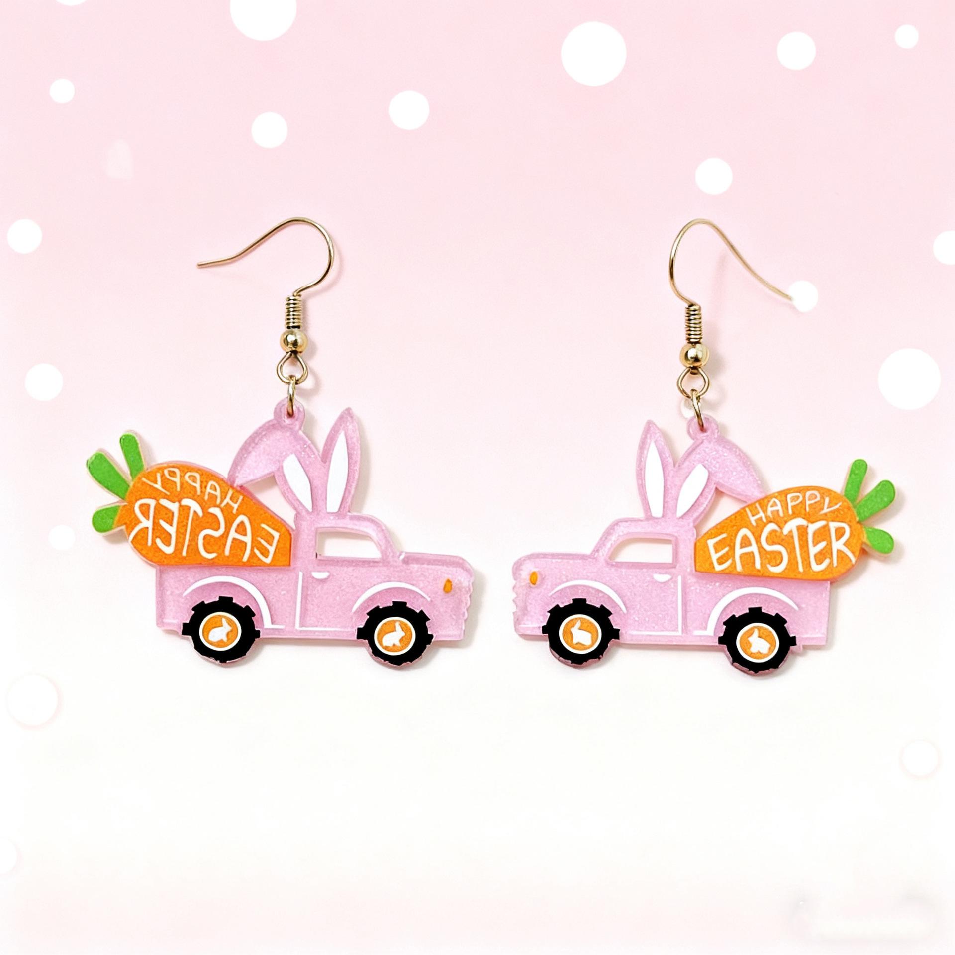 To Easter cartoon cute print acrylic pink bunny cart carrot earrings suitable for everyday life розовый