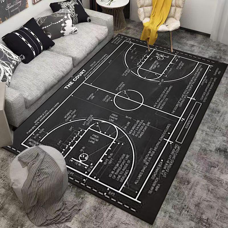 Basketball Court Design Carpet, Black and White Sports Area Rug Suitable for use as an anti-slip for living room bedroom sofas